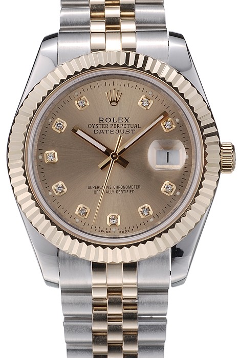 Rolex DateJust Gold Stainless Steel Ribbed Bezel Goldish Dial 41978