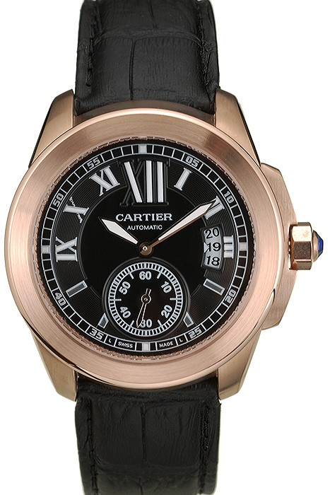 Cartier Calibre Black Dial Gold Case Black Leather Bracelet