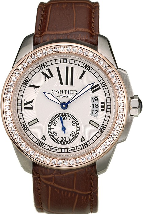 Cartier Calibre White Dial Diamonds Two Tone Case Brown Leather Bracelet