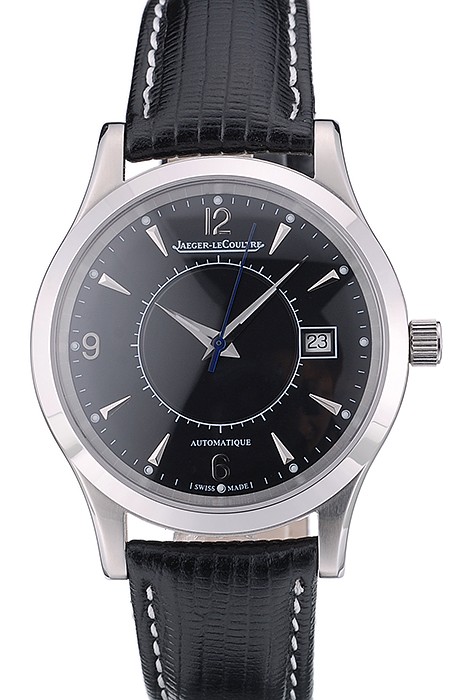 Jaeger Le Coultre Swiss Master Control Stainless Steel Bezel Black Leather Strap 7593