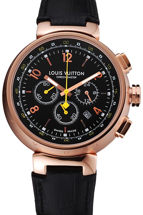 Louis Vuitton Tambour Chronograph Black Dial Rose Gold Case Black Leather Strap