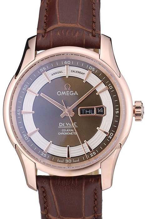 Omega Swiss DeVille Rose Gold Bezel Brown Leather Strap 7616