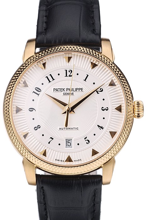 Patek Philippe Swiss Calatrava Ribbed Bezel White Dial Black Leather Strap 7639