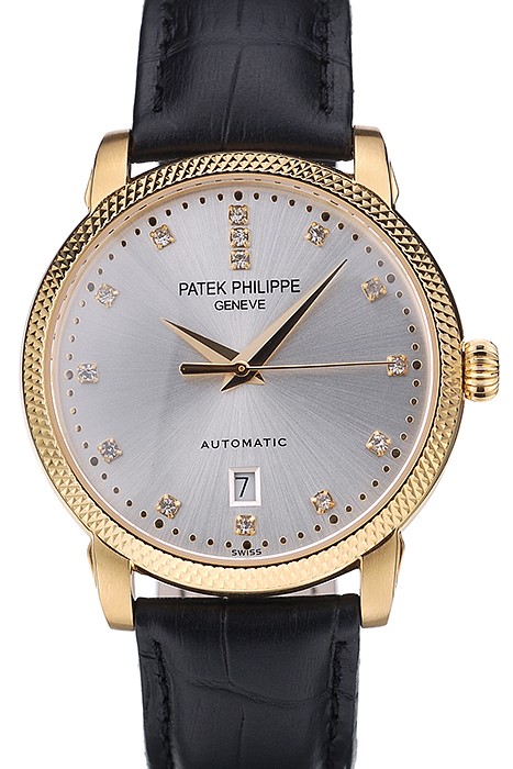 Patek Philippe Swiss Calatrava Ribbed Bezel Grey Dial Black Leather Strap 7640