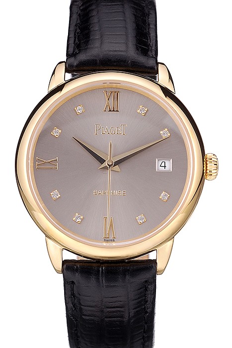 Piaget Swiss Traditional Grey Dial Black Leather Strap 7622