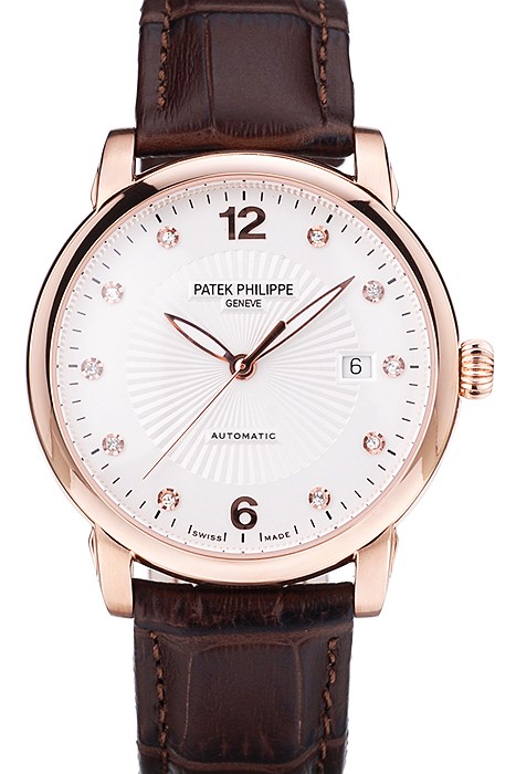 Patek Philippe Swiss Calatrava Polished Bezel White Dial Brown Leather Strap 7646