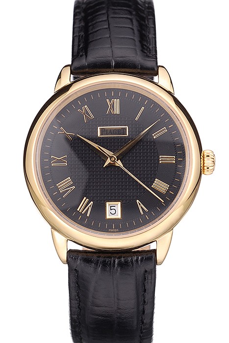 Piaget Swiss Traditional Black Dial Black Leather Strap 7628