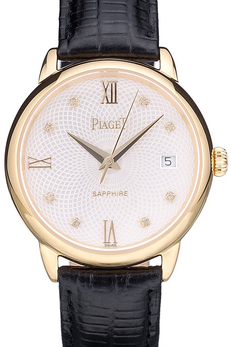 Piaget Swiss Traditional White Radial Pattern Dial Black Leather Strap 7635