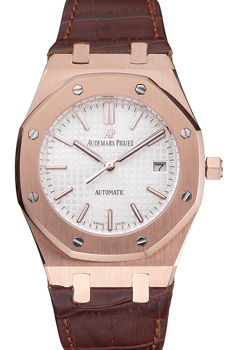 Swiss Audemars Piguet Royal Oak White Dial Gold Case Brown Leather Strap