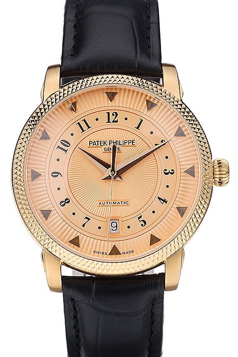 Patek Philippe Swiss Calatrava Ribbed Bezel Orange Dial Black Leather Strap 7638