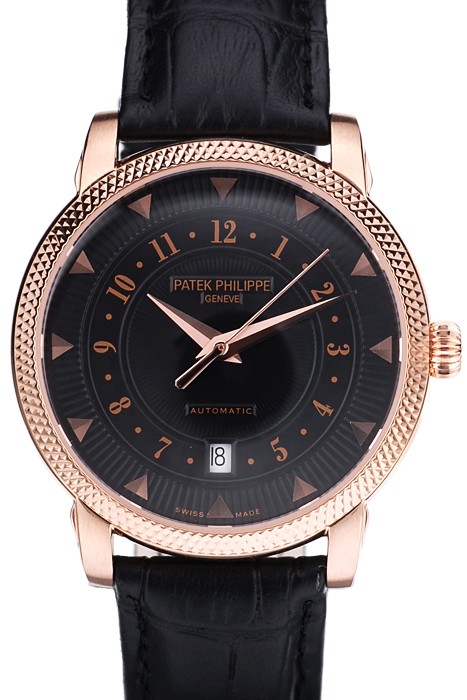 Patek Philippe Swiss Calatrava Ribbed Bezel Black Dial Black Leather Strap 7651