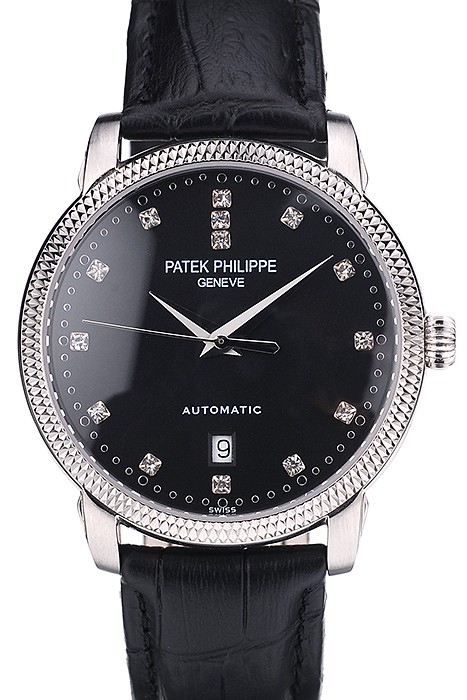 Patek Philippe Swiss Calatrava Ribbed Bezel Black Dial Black Leather Strap 7661