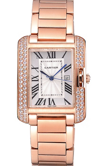 Cartier Tank Anglaise 30mm White Dial Diamonds Rose Gold Case Rose Gold Bracelet