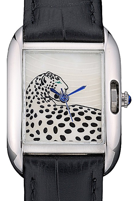Cartier Tank Anglaise White Tiger Dial Stainless Steel Case Black Leather Bracelet