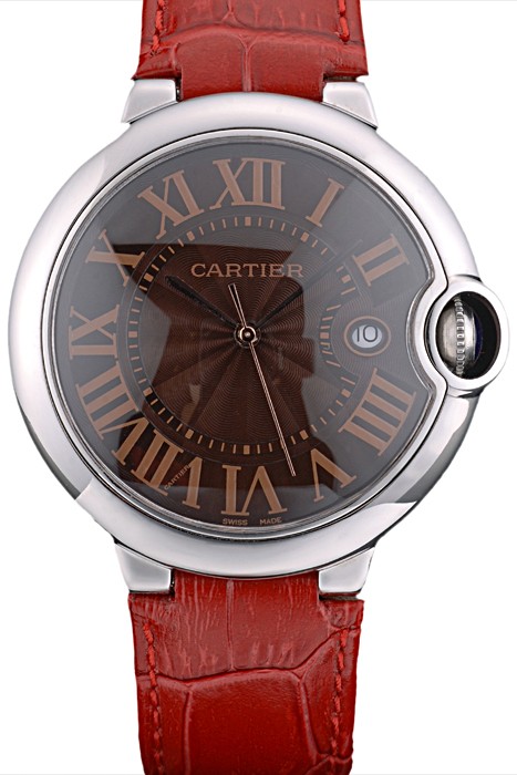 Cartier Ballon Bleu 42mm Brown Dial Stainless Steel Case Red Leather Bracelet