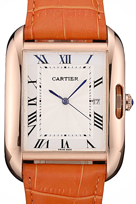 Cartier Tank Anglaise 36mm White Dial Gold Case Orange Leather Bracelet