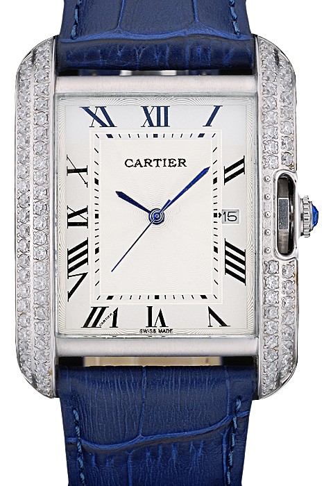 Cartier Tank Anglaise 36mm White Dial Diamonds Steel Case Blue Leather Bracelet