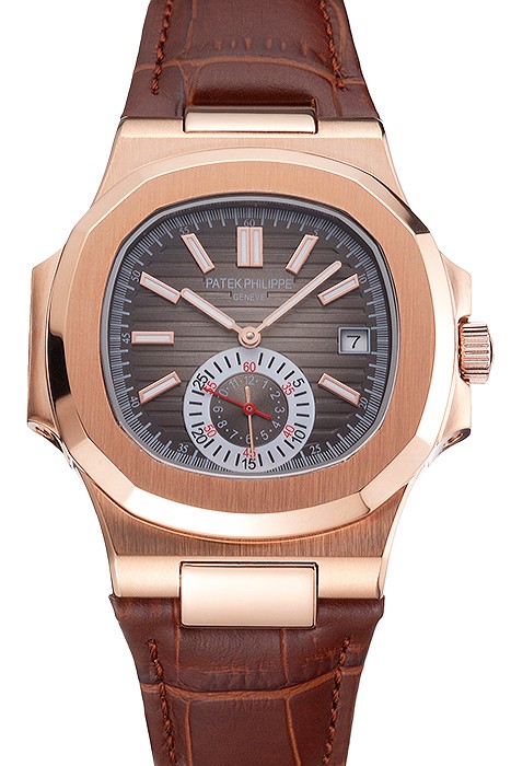 Patek Philippe Nautilus Gray Dial Rose Gold Case Brown Leather Strap