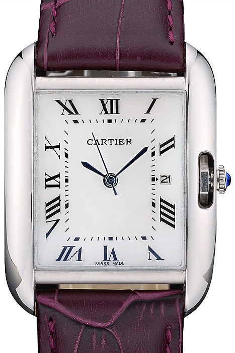 Cartier Tank Anglaise 30mm White Dial Stainless Steel Case Purple Leather Bracelet