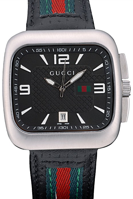 Gucci Black Leather Strap Polished Stainless Steel Bezel Black Dial 80216