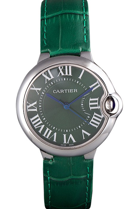Cartier Ballon Bleu Silver Bezel with Green Dial and Green Leather Band   621553