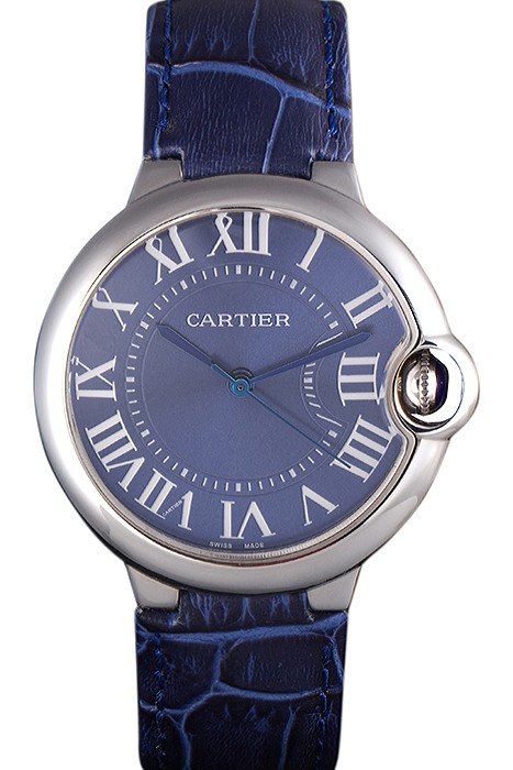 Cartier Ballon Bleu Silver Bezel with Dark Blue Dial and Dark Blue Leather Band   621555
