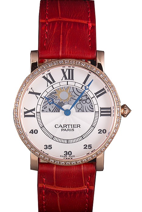 Cartier Moonphase Rose Gold Watch with Red Leather Band ct253 621372