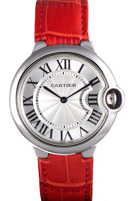 Cartier Ballon Bleu Silver Bezel with White Dial Red Leather Band  621551