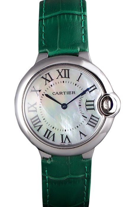 Cartier Ballon Bleu Silver Bezel with Pearl Dial Green Leather Band  621552