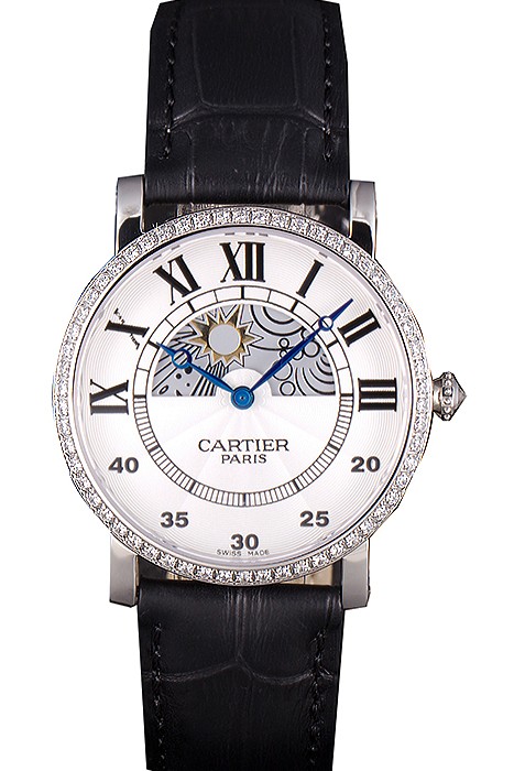 Cartier Moonphase Silver Watch with Black Leather Band ct255 621374