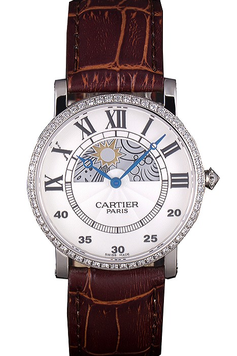 Cartier Moonphase Silver Watch with Brown Leather Band ct256 621375