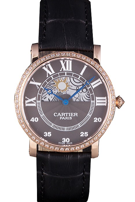 Cartier Moonphase Rose Gold Watch with Black Leather Band ct251 621370