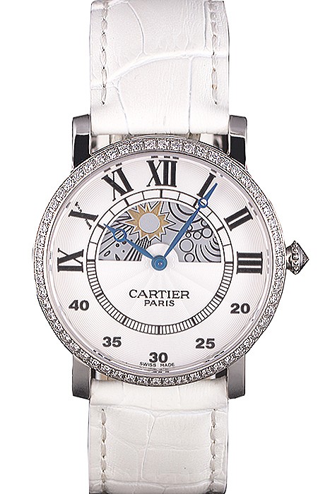 Cartier Moonphase Silver Watch with White Leather Band ct257 621376