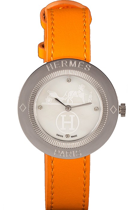 Hermes Classic MOP Dial Orange Leather Bracelet 801390