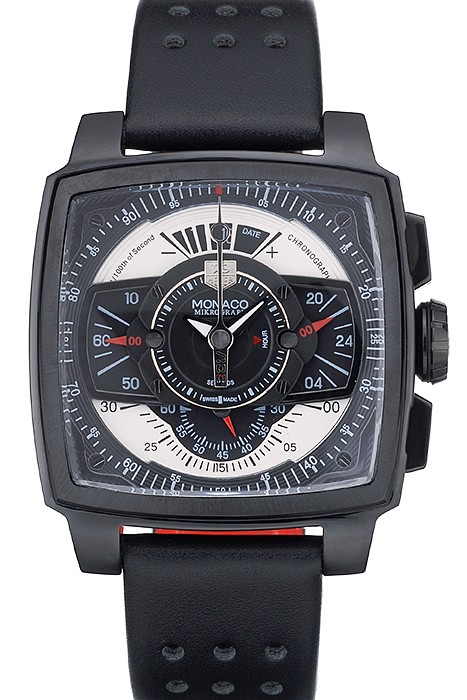 Tag Heuer Monaco Black-Red Perforated Leather Strap Black Dial 80309