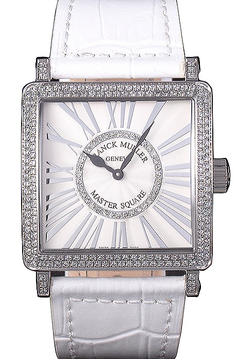 Franck Muller Master Square Diamond Encrusted Stainless Steel Bezel White Croco Bracelet 80284