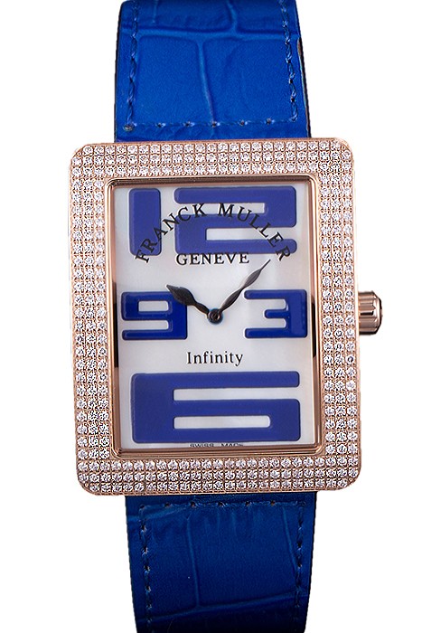 Franck Muller Infinity Diamond Encrusted Rose Gold Bezel Blue Croco Bracelet 80277