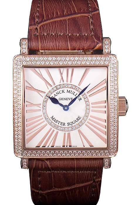 Franck Muller Master Square Diamond Encrusted Rose Gold Bezel Brown Croco Bracelet 80283