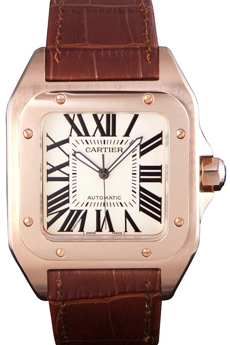 Swiss Cartier Santos Rose Gold with Brown Leather Strap  621522
