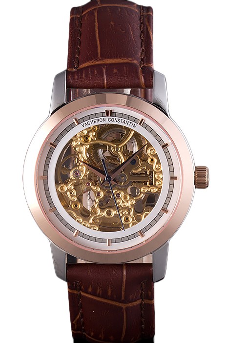 Vacheron Constantin White Skeleton  Watch with Rose Gold Bezel and Brown Leather Strap  621539