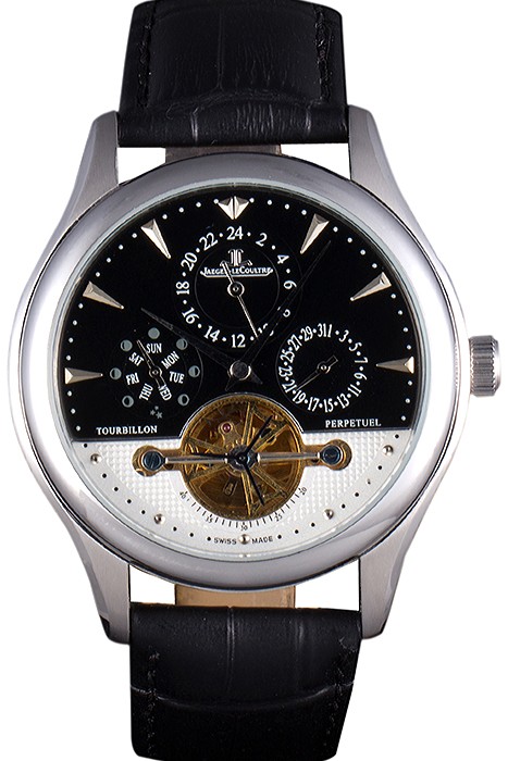 Jaeger Lecoultre Tourbillon  Perpetuel Silver Bezel Black Leather Band  621614