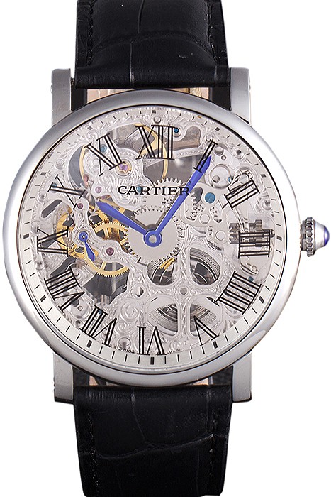 Cartier Luxury Skeleton Watch with Silver Bezel and Black Leather Band  621559