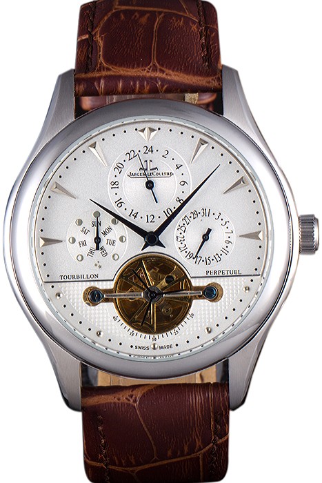 Jaeger Lecoultre Tourbillon  Perpetuel Silver Bezel Brown Leather Band  621617