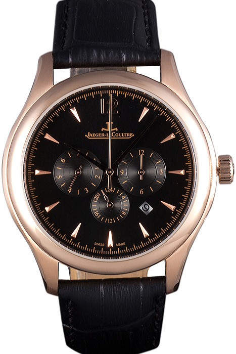Jaeger Lecoultre Master Chronograph Gold Bezel Black Leather Band  621619