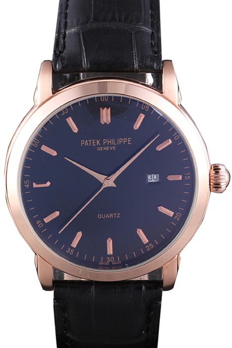 Patek Philipe Calatrava Roze Gold Polished Bezel Black Leather Bracelet 801432