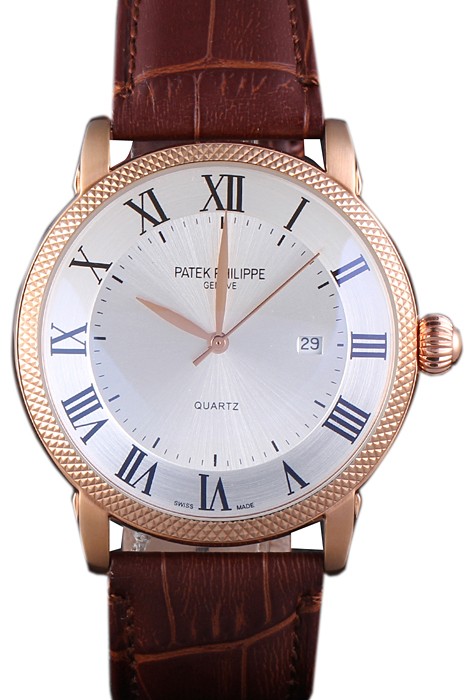 Patek Philipe Calatrava Roze Gold Ribbed Bezel Brown Leather Bracelet 801434