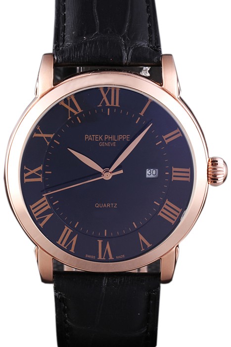 Patek Philipe Calatrava Roze Gold Polished Bezel Black Leather Bracelet 801435