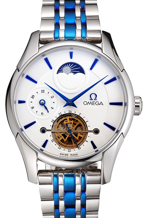 Omega De Ville Moonphase Tourbillon White Dial Stainless Steel Case Two Tone Steel Blue Bracelet