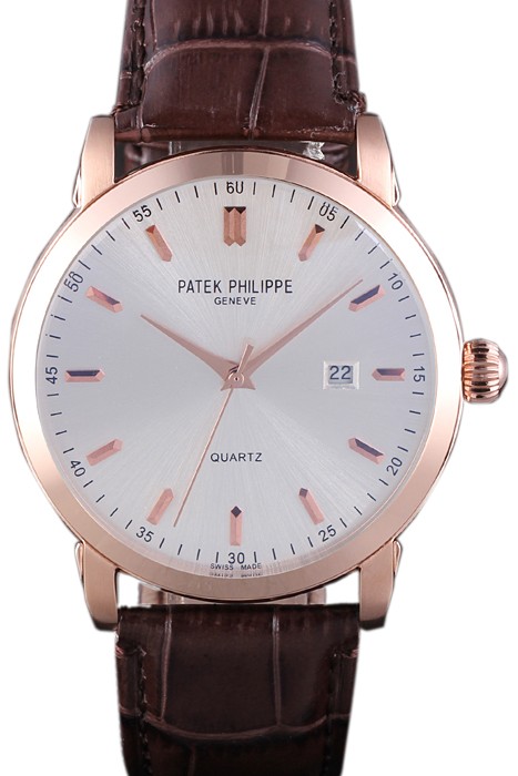 Patek Philipe Calatrava Roze Gold Polished Bezel Brown Leather Bracelet 801430