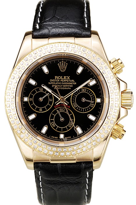 Rolex Daytona Gold Case Crystal Studded Bezel Black Dial